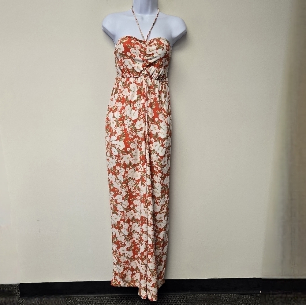 American Eagle Halter Wide leg Floral Jumpsuit Red M